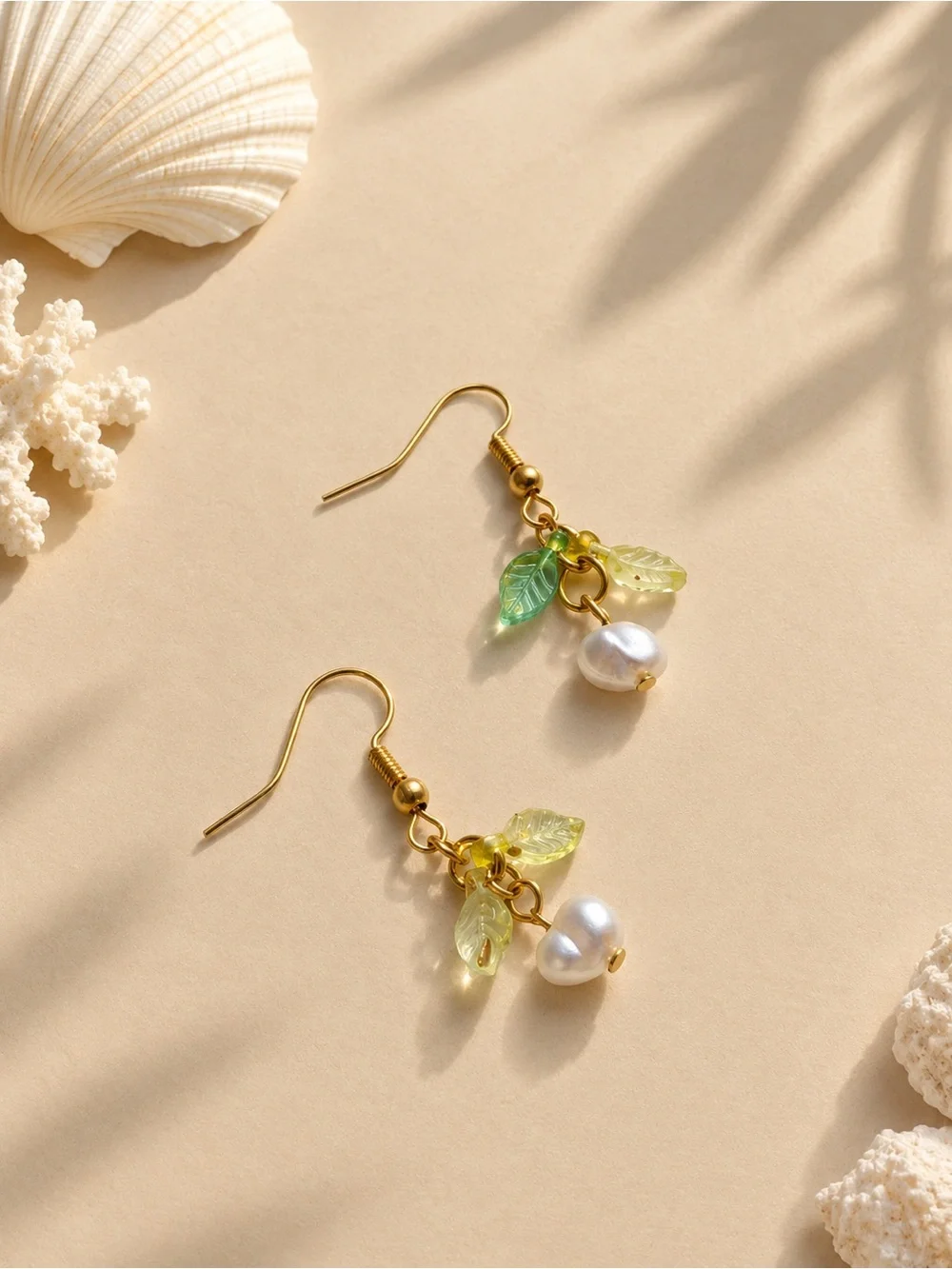 Elegant Gold Pearl & Green Leaf Dangle Earrings